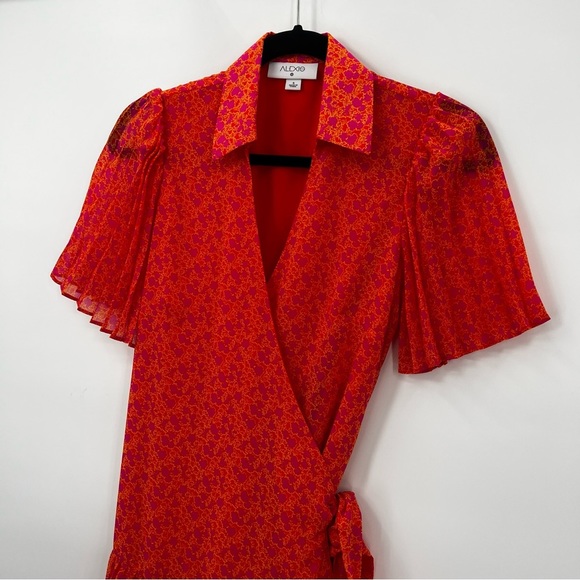 Alexis X Target Wrap Mini Pleated Dress Orange Floral Flower Flutter Sleeve - Picture 10 of 13